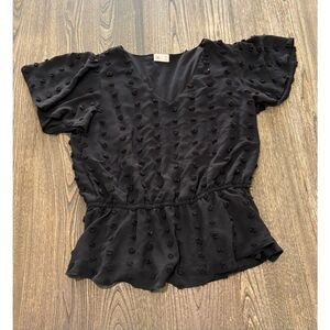 SO Womens Blouse Top Raised Polka Dots Short Sleeve V-Neck Pullover Black Sz XL